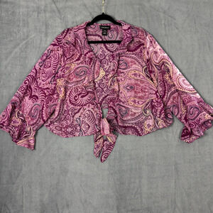 Lane Bryant Top 26/28 Crop Shrug Sheer Tie Front Wrap Blouse Bell Cuffs Shirt